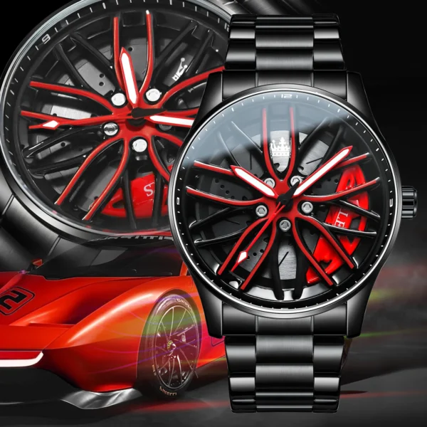 Black and red sports watch with wheel design.