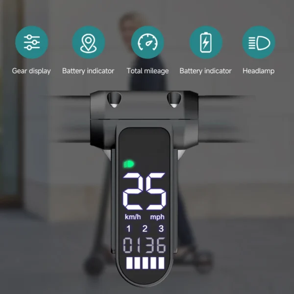 Scooter digital display with speed and mileage.