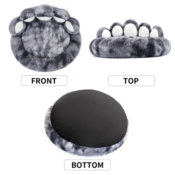 Gray paw-shaped pet bed with black bottom.