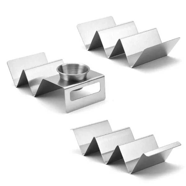 Stainless steel taco holder with dip dish.