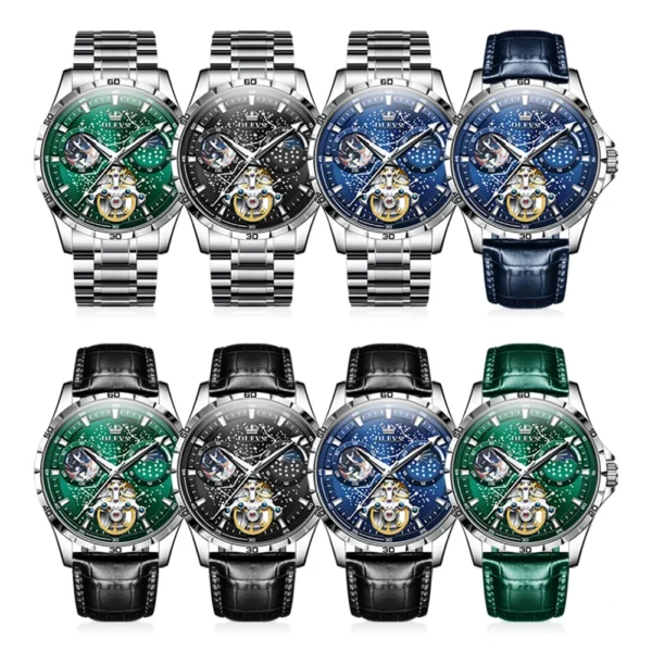 Six men's automatic wristwatches with various colors.