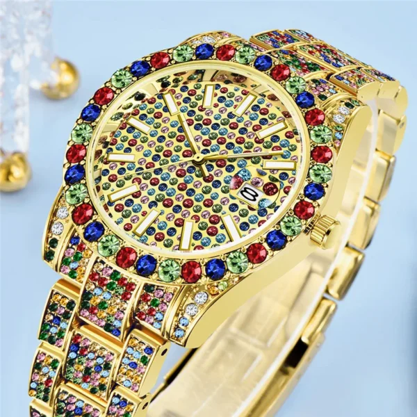 Gold watch with colorful gemstones.