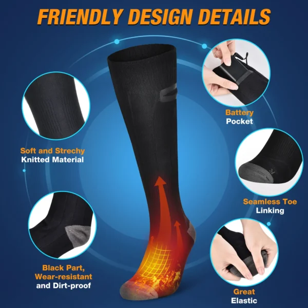 Heated socks with battery pocket and elastic.