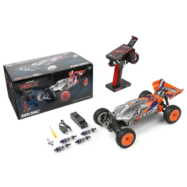 RC car with remote and accessories.