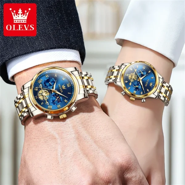 Couple wearing matching gold and silver watches.