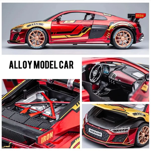 Red alloy model car with Iron Man design.