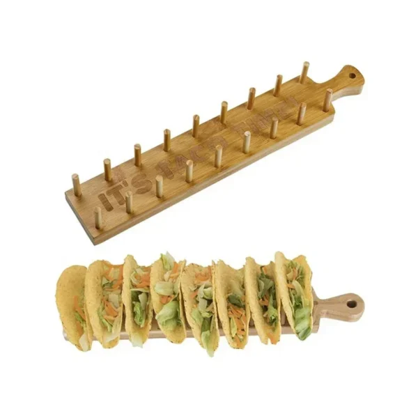 Wooden taco holder with "It's Taco Time" text.