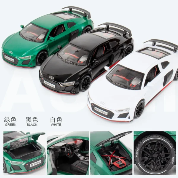 1:24 AUDI R8 V10 Plus Sports Car Alloy Model Metal Toy Car Diecast Simulation Sound & Light Collection Toys For Boys Gifts A405 - Image 2