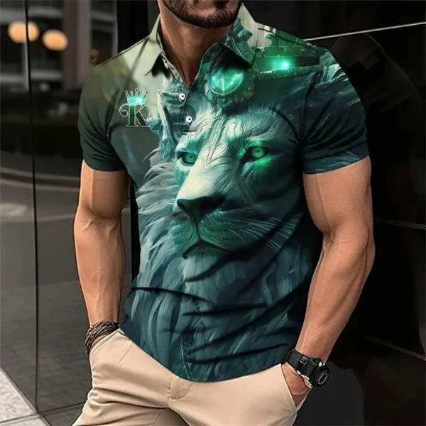 Animal Men's Polo Shirts 3d Lion Print Tops Daily Casual Lapel Tees Fierce Beast Graphic Men Clothing 2024 Short Sleeve T-shirt - Image 3