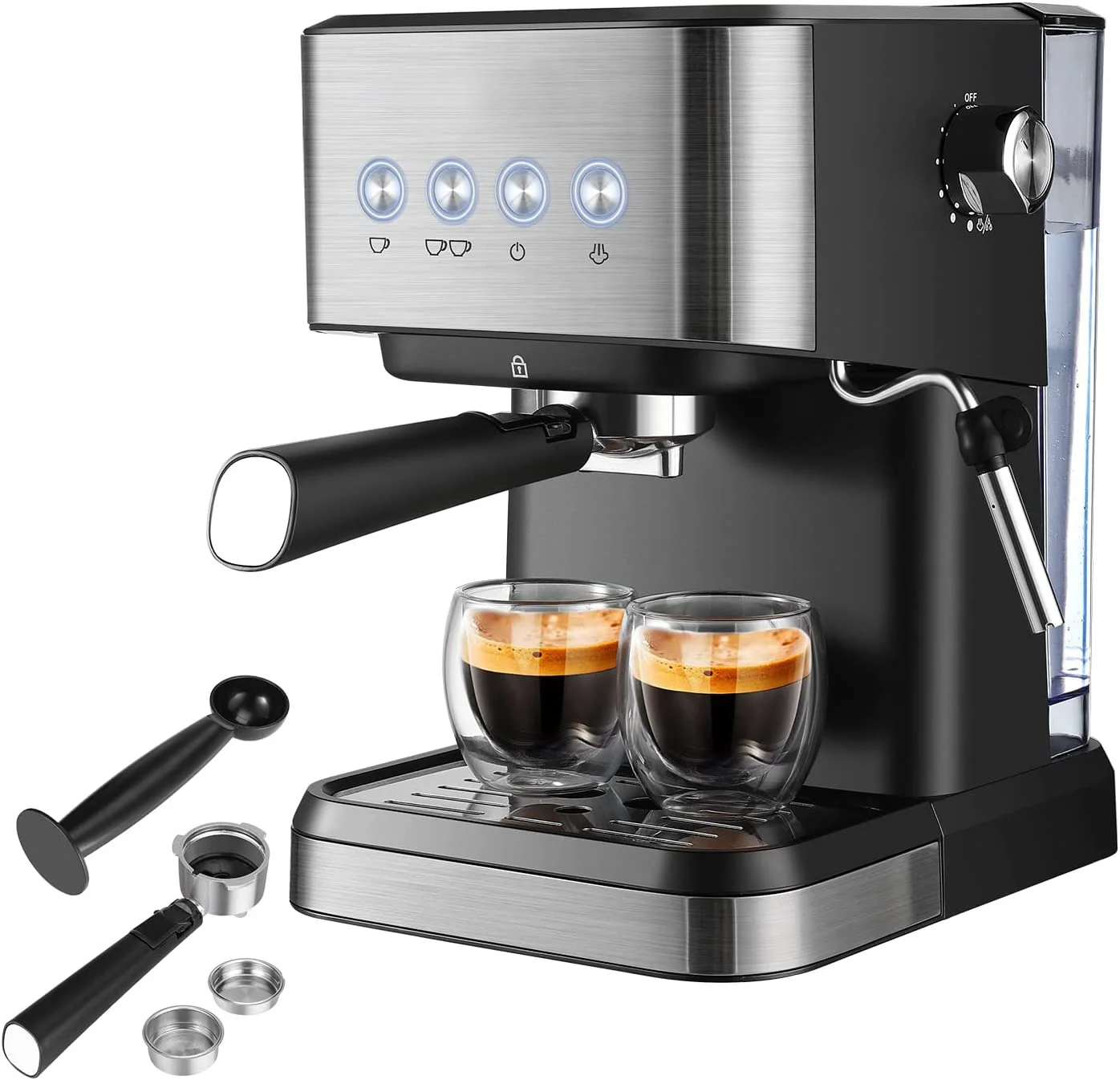 Black and silver espresso machine with two cups of coffee.