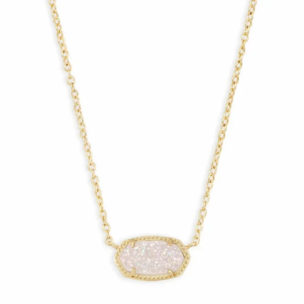 Gold chain with white oval pendant.