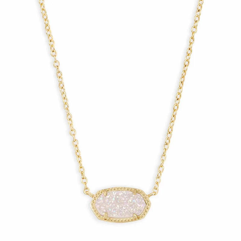 Gold chain with white oval pendant.