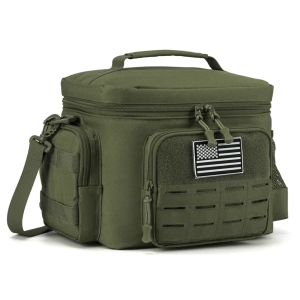 Green insulated cooler bag with strap.