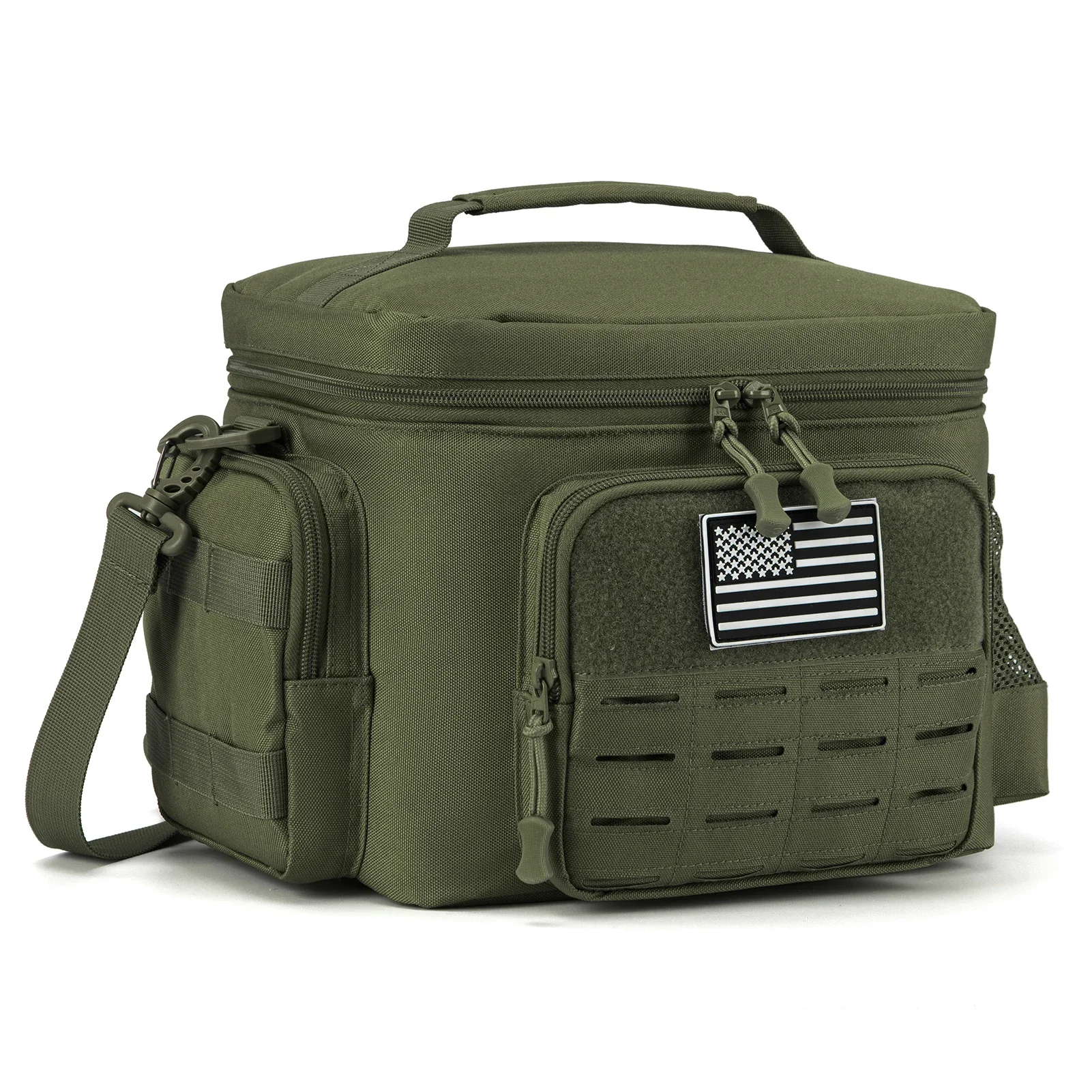 Green insulated cooler bag with strap.