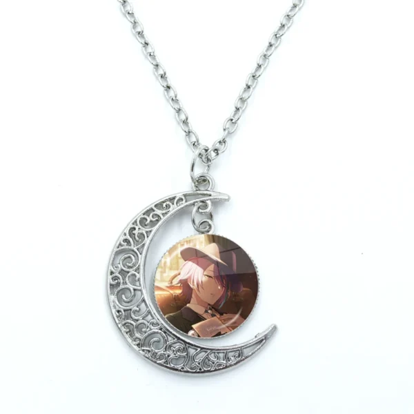 Silver crescent moon necklace with anime character.