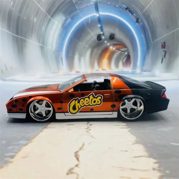 Cheetos-branded orange and black car.