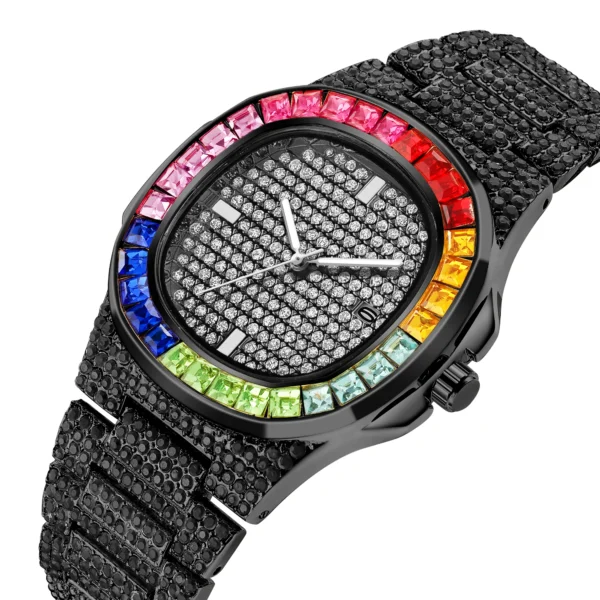 Black jeweled wristwatch with rainbow stones.