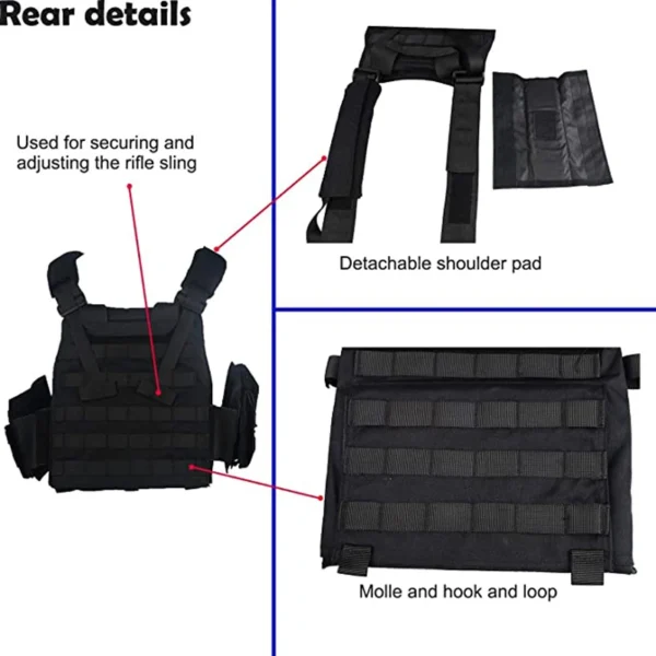 Black tactical vest with molle and hook and loop.