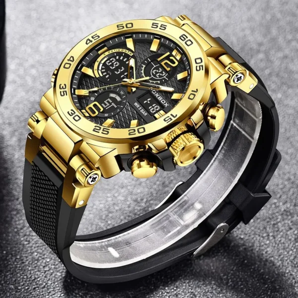 Gold and black men's wristwatch.