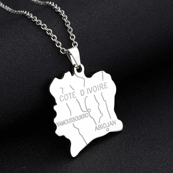 Silver necklace with Cte d'Ivoire map pendant.