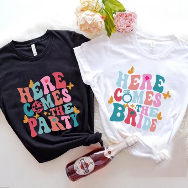 Groovy Retro Bachelorette Party T-Shirts Here Come The Bride Shirt Bridal Shower Wedding Tees Team Bride Single Farewell Gift