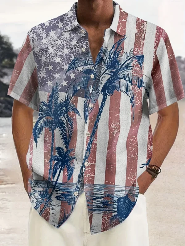 Men's Plus Size Us Flag Print Button Up Shirt Loose Casual Summer Top Fashion Summer Short Sleeve Tee Tops Harajuku Streetwear - Image 2