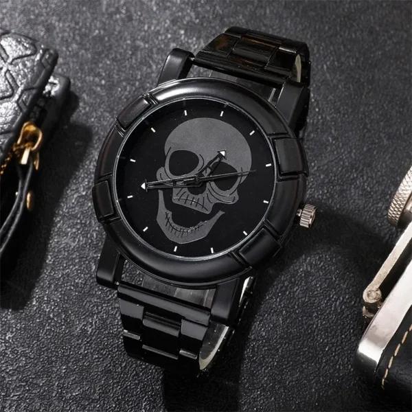 Black skull watch with metal band.