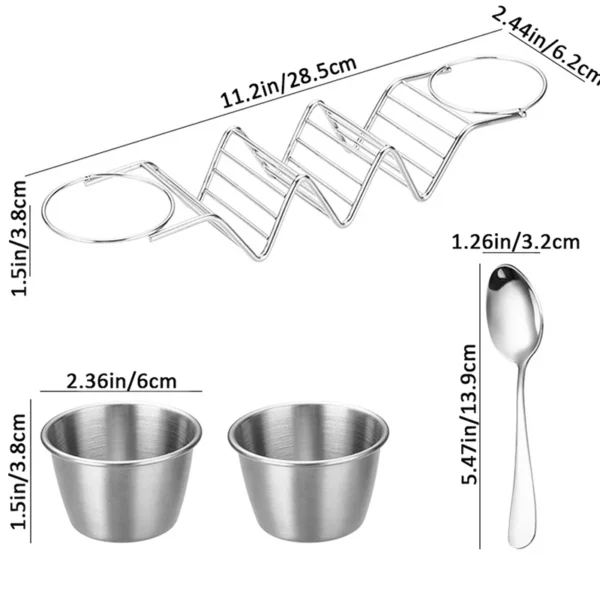 Stainless steel dipping sauce set with spoon.