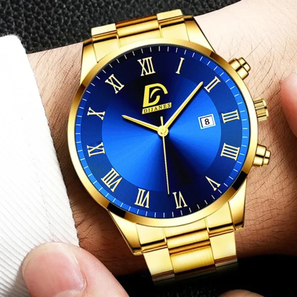 Gold watch with blue face and Roman numerals.