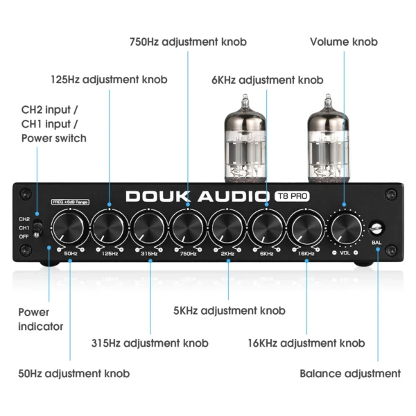 Black audio amplifier with knobs and tubes.