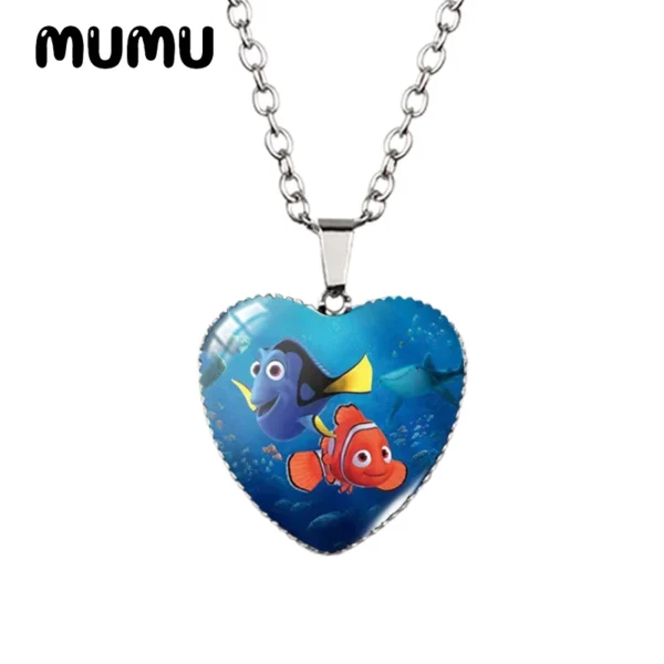 Silver chain with heart pendant featuring Dory and Nemo.