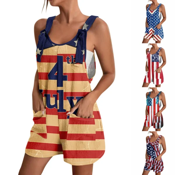 Summer Women'S Jumpsuit Overalls Short Loose Sleeveless Wide Leg Overall American Flag Print Daily Romper With Pockets 2024 - Image 2