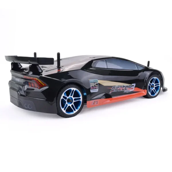 Black and orange RC car with blue wheels.