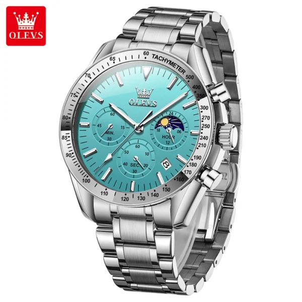 Silver and blue chronograph wristwatch.