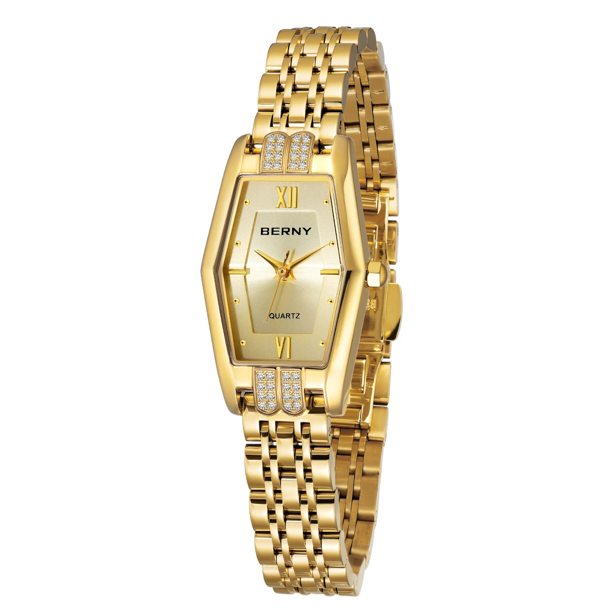 Gold Berny quartz watch with diamond accents.