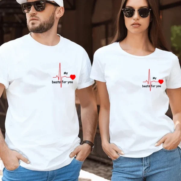 Summer Couple Heart Beats for You Print T Shirt Causal Women Man Tee Shirt Couples T Shirts O Neck Tops Harajuku Lovers Clothing - Image 2