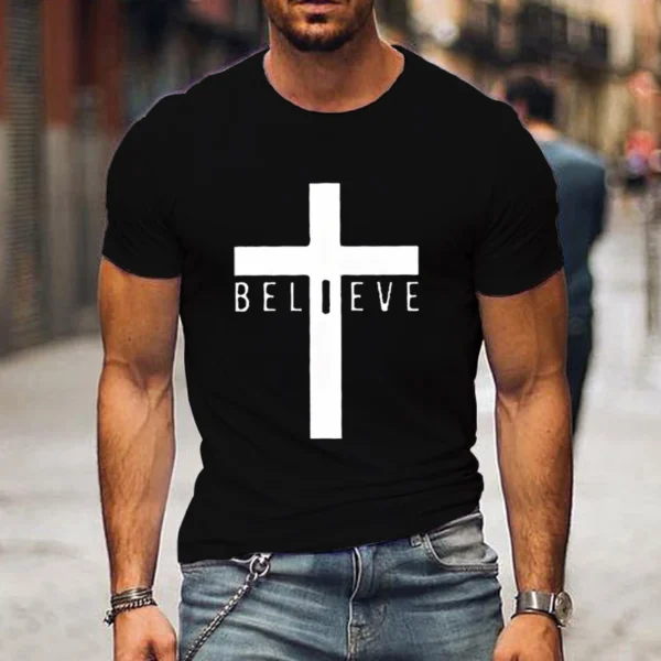 Jesus Tshirt Tops Oversize Men Loose Tee Fashion Jesus Believe Print Men's Short Sleeve T-shirt Luminous New Male Casual Tshirt - Image 2