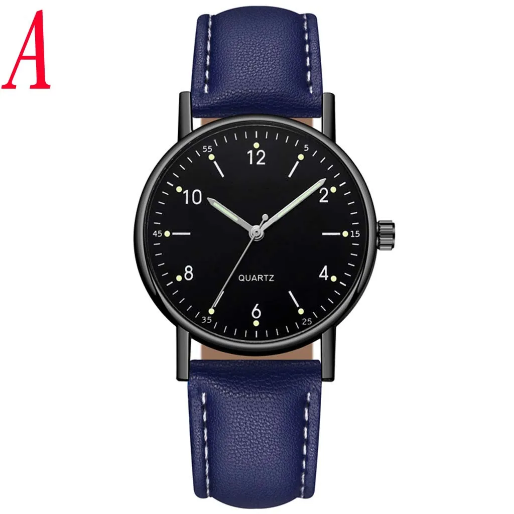 Black face analog wristwatch with blue band.