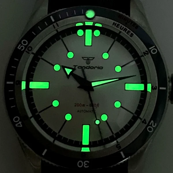 Tandorio watch face glowing green in dark.