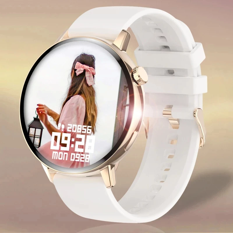 White smartwatch with a rose gold face.