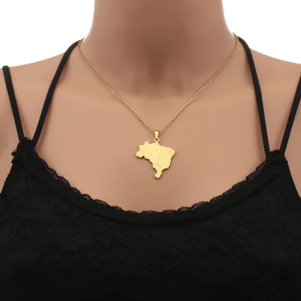 Gold necklace with Brazil map pendant.