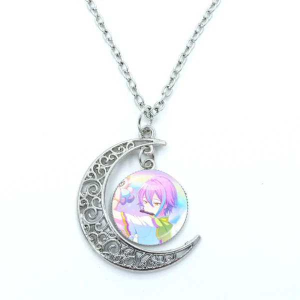 Silver crescent moon necklace with anime character.