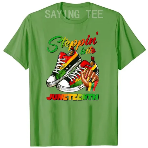 Stepping Into Juneteenth Afro Woman Black Girls Sneakers Men T-Shirt Black Pride June 19th 1865 Clothes Humor Funny Graphic Tees - Image 2