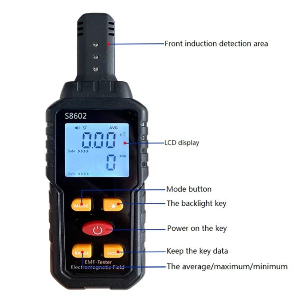 Black EMF meter with LCD display and buttons.