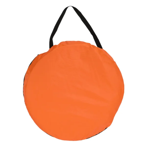 Orange pop-up tent in carrying case.