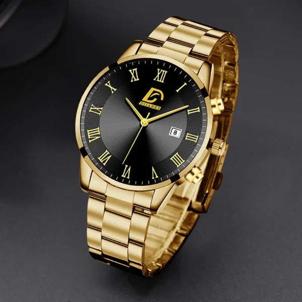 Gold analog wristwatch with black face.