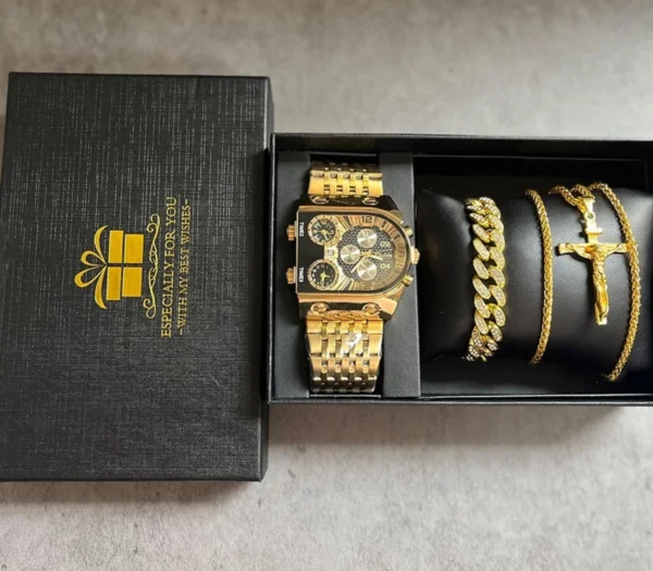 Gold watch and jewelry gift set.