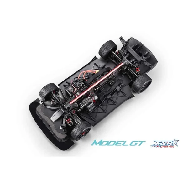 Black RC car chassis with red accents.