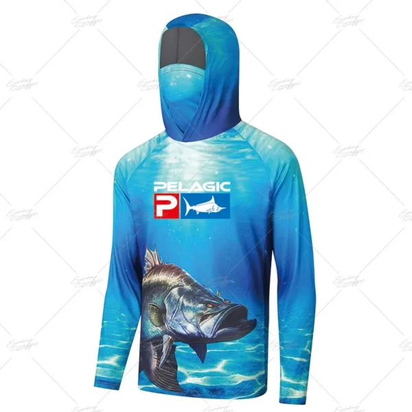 Men Pelagic Fishing Shirt UPF 50+ Hooded Fishing Clothes Face Cover Hoodie Sun Protection Mask Jersey Breathable Camisa De Pesca