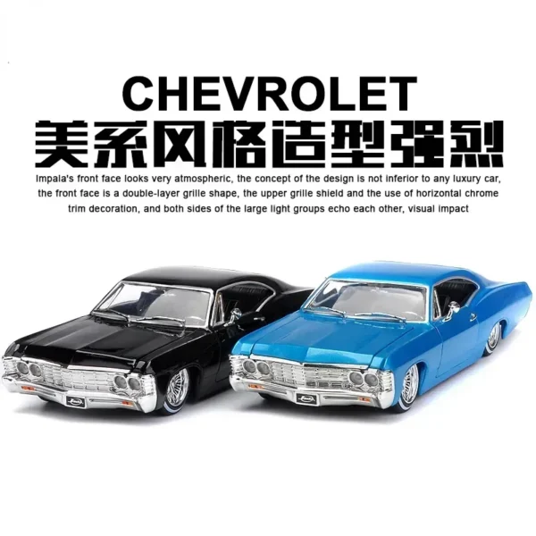 Black and blue Chevrolet Impala model cars.